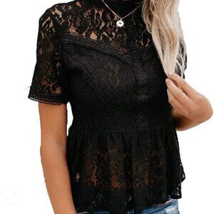 Tobrief Womens High Neck Floral Lace Short Sleeve Shirt Ruffle Top Black L